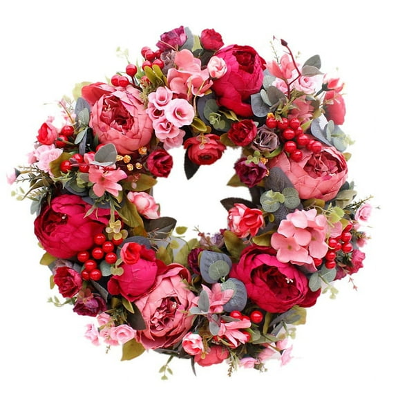 Decorative Door Wreath,Silk Flower Peony Head Flower Wreath 40cm Handmade Garland for Autumn Winter Outdoor Display Red,1 * Artificial garland,red