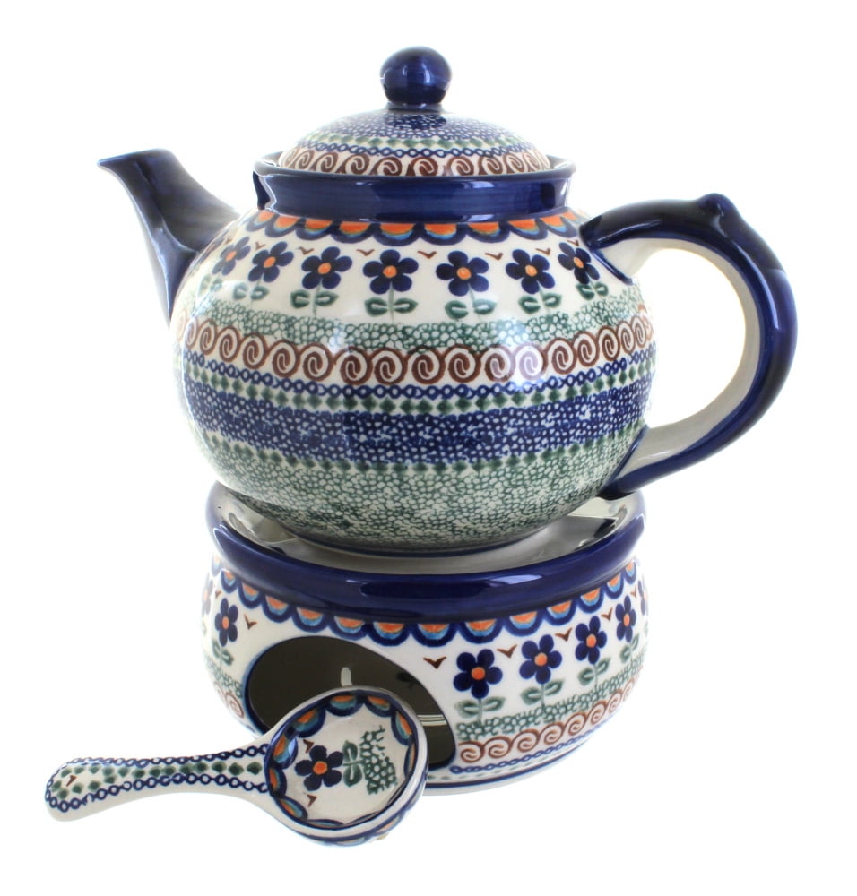 Blue Rose Polish Pottery Aztec Flower Teapot With Warmer Candle