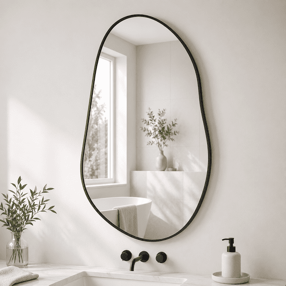 YAURA 32" x 16.5" Irregular Black Wall Mirror, Asymmetrical Bathroom Vanity Mirror with Matte Aluminum Frame, Organic Shape Tempered Glass Mirror for Entryway & Bedroom