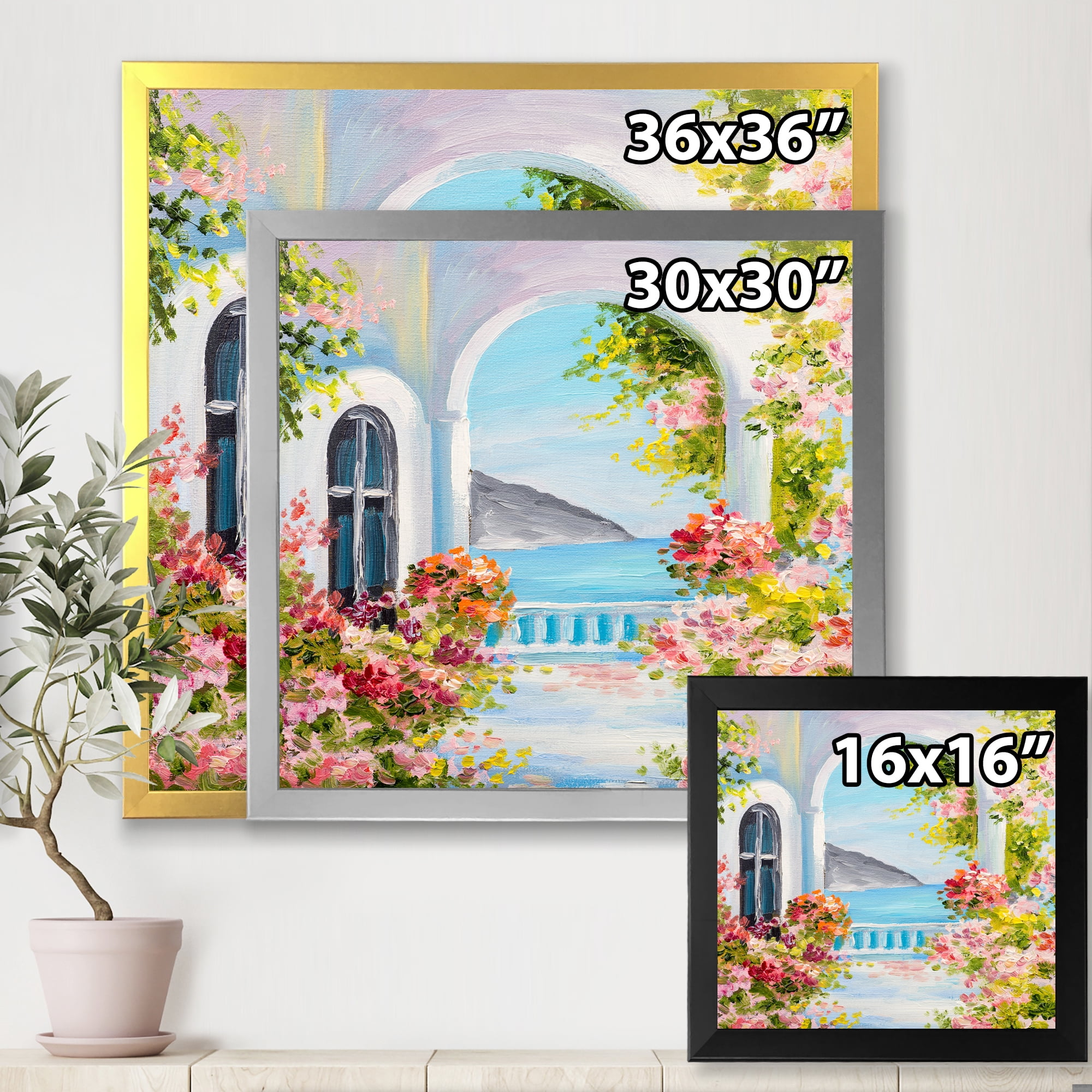Designart 'Pink Flowers With Traditional Greek House' Nautical & Coastal Framed Art Print