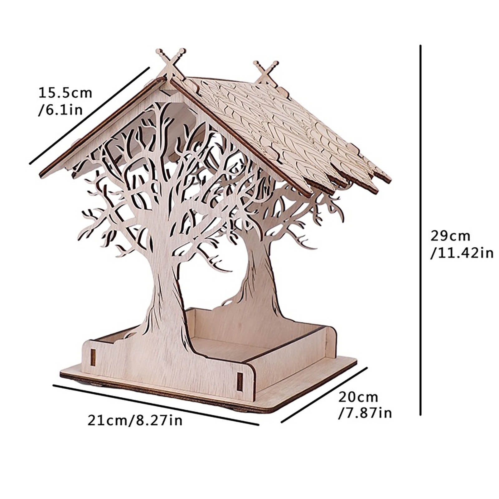 11.42in Tree Silhouette Wooden Bird Feeder, Rustic Natural Plywood Stand-Up & Hanging Feeder, Decorative Pagoda-Style Feeder for Wild Birds