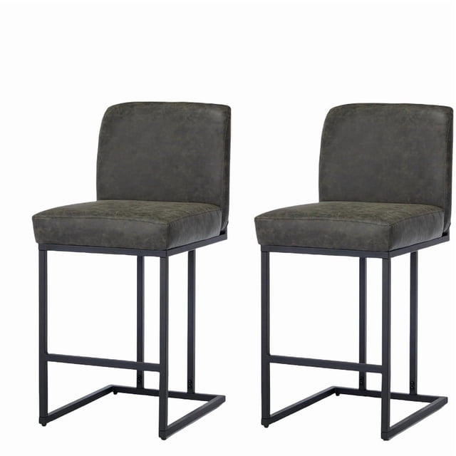 Counter Height Bar Stools with Backrest, 24 Inch Upholstered Bar Chairs with Adjustable Foot Pegs and Metal Frame, Faux Leather Kitchen Island Stools, Set of 2 (Gray)