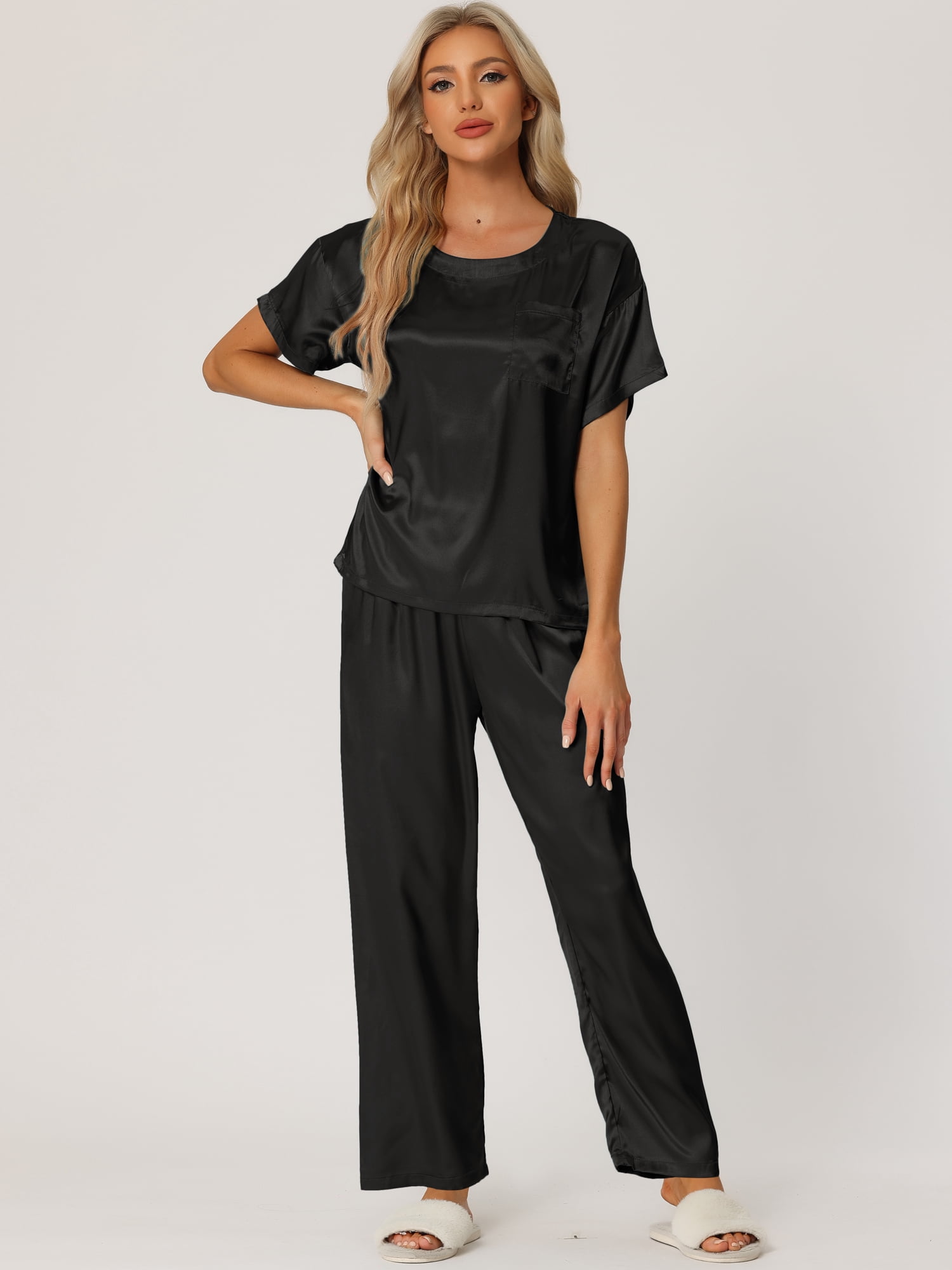 DARING DIVA Women's Satin Pajamas Sleepwear Summer Outfits Short Sleeves Tops S Black
