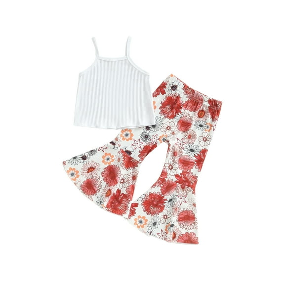 Sedceaty Toddler Girls Summer Outfit Sets White Sleeveless Ribbed Camisole + Floral Flared Pants