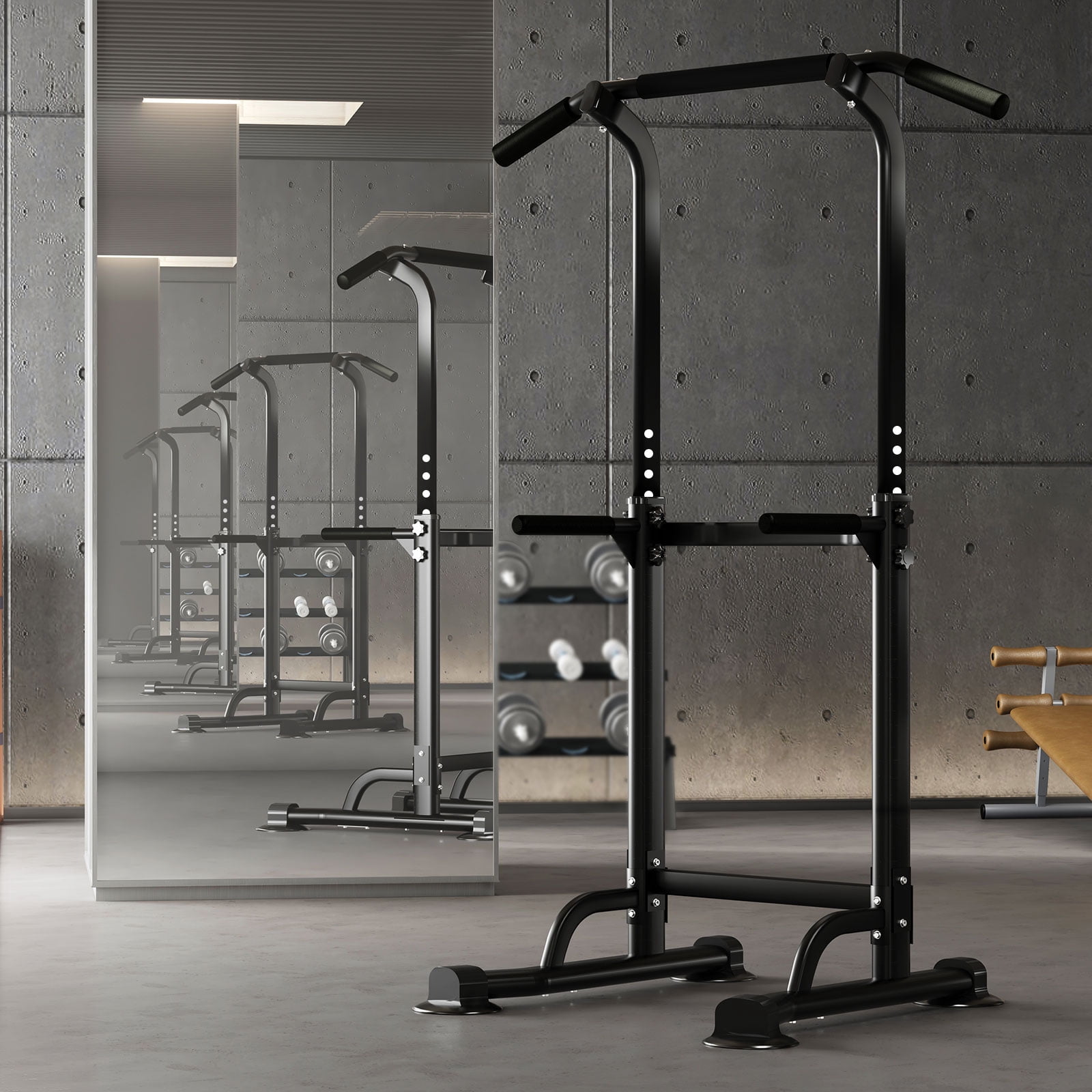 Adjustable Power Tower Pull Up Bar Dip Station, 330LBS Capacity Steel Frame, Ergonomic Home Gym Strength Training Equipment