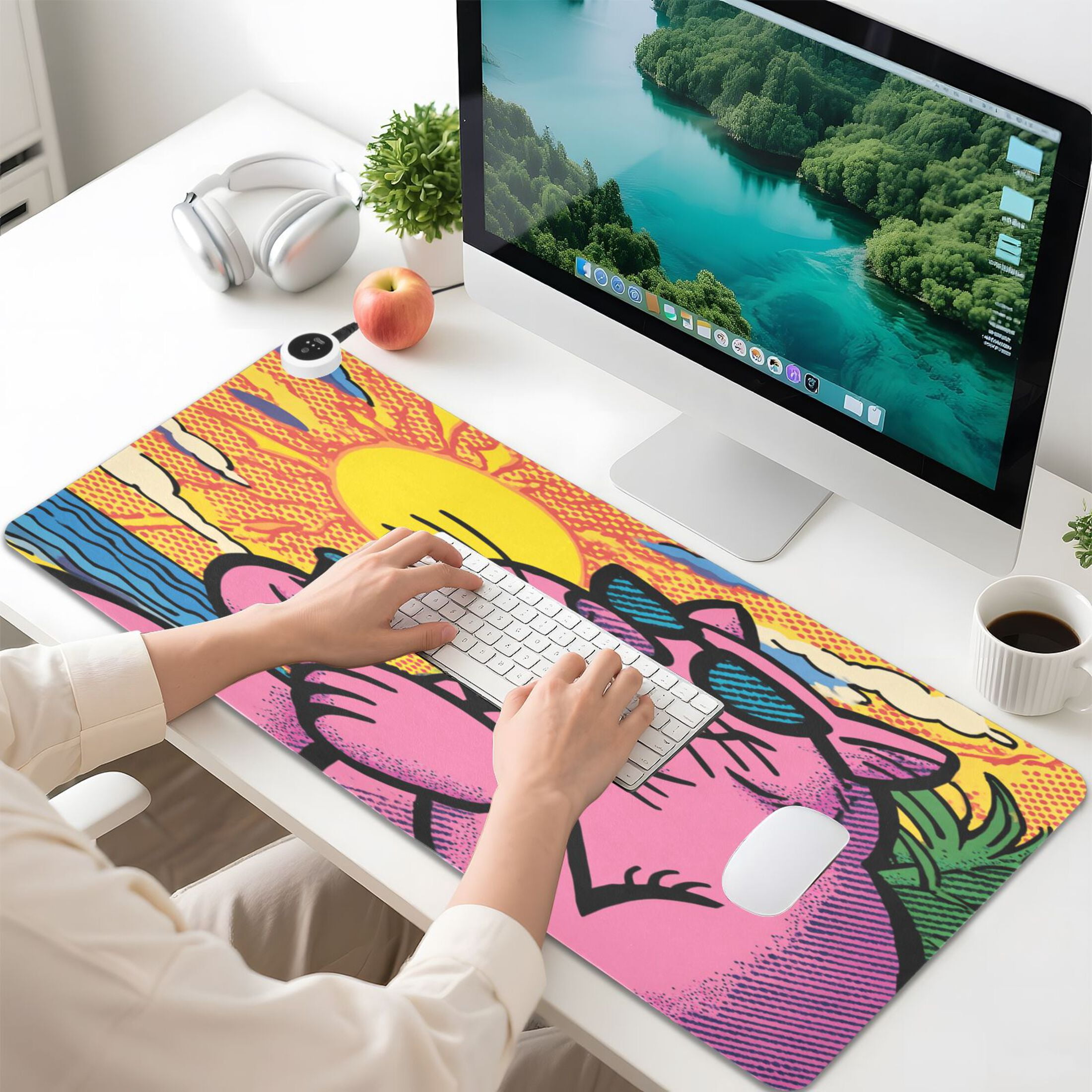 Large Heated Desk Mat Mouse Pad 31.5"x13"PU Leather Graphene Heating Desk Warmer with 3 Temperature Settings 110V US Plug Non-Slip Warm Pad for Home, Office, and Gaming Cartoon Cool Pink Cat