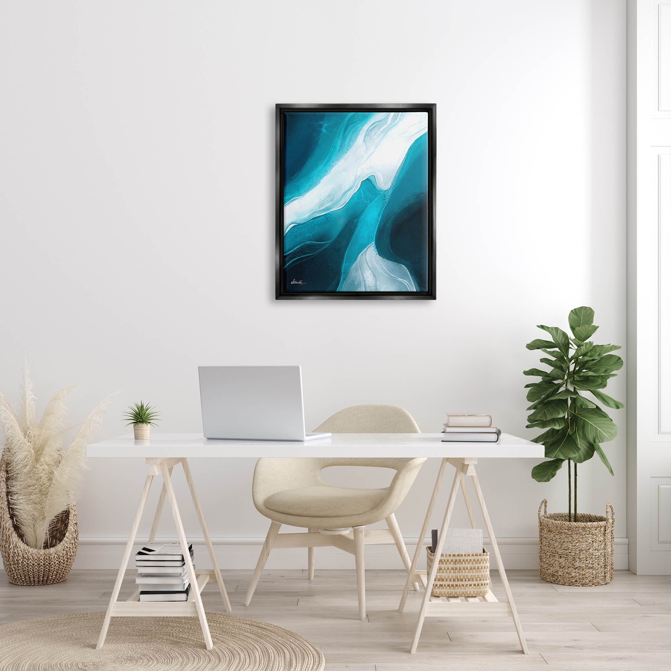 Fluid Blue Shapes Arrangement Abstract Graphic Art Jet Black Framed Art Print Wall Art