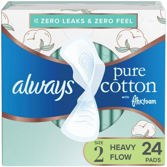 Always Pure Cotton Feminine Pads for Women, FlexFoam Pads with Wings, Size 2, Heavy Absorbency, Unscented, 24CT