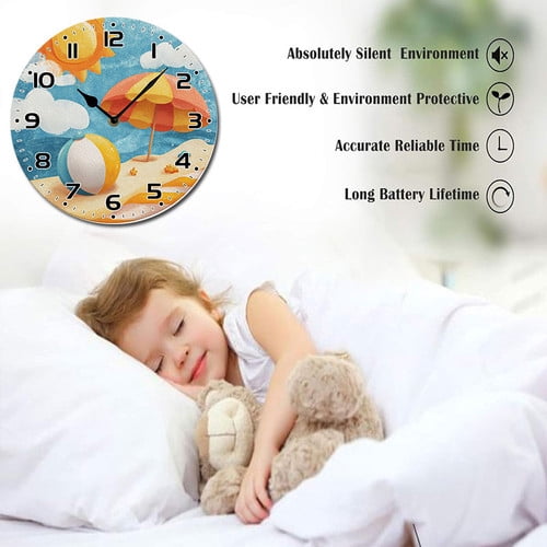 ZXCXRQFa Silent Clocks Cute Beach Themed Summer Wall Clock Art Hanging Clocks Silent Non-Ticking Desk Clock Battery Operated Round Home Style Numeral Decorative Wall Clocks