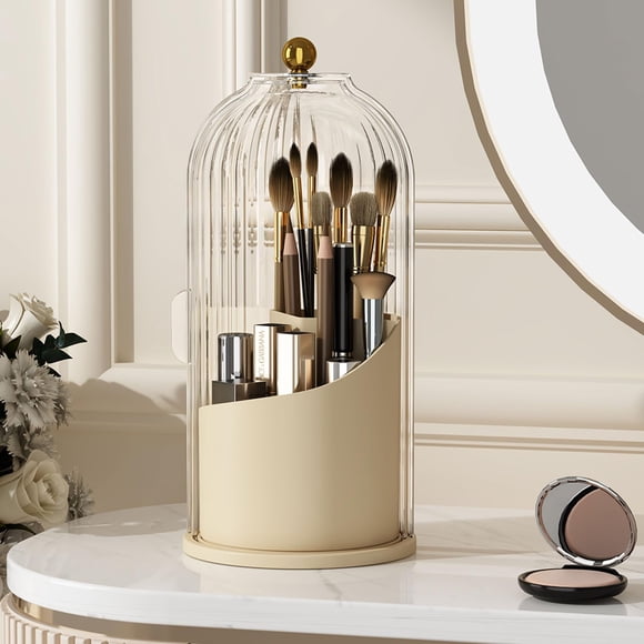 Soporte para brochas de maquillaje YOOLENS 360, giratorio con tapa, blanco y beige