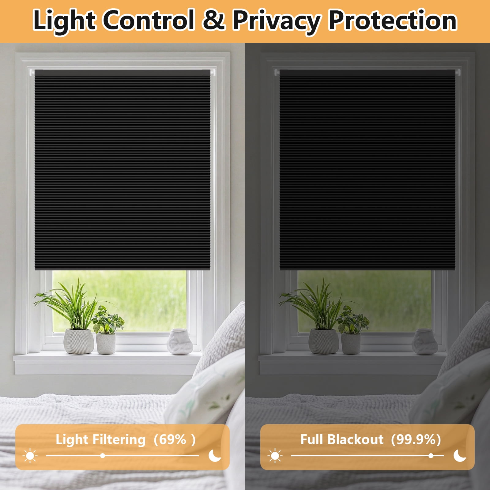 Jane Stone No Drill 34x48" Blackout Cellular Shades, Cordless Free Stop Honeycomb Blinds, Thermal Insulating & Noise Reducing Window Blinds, Black