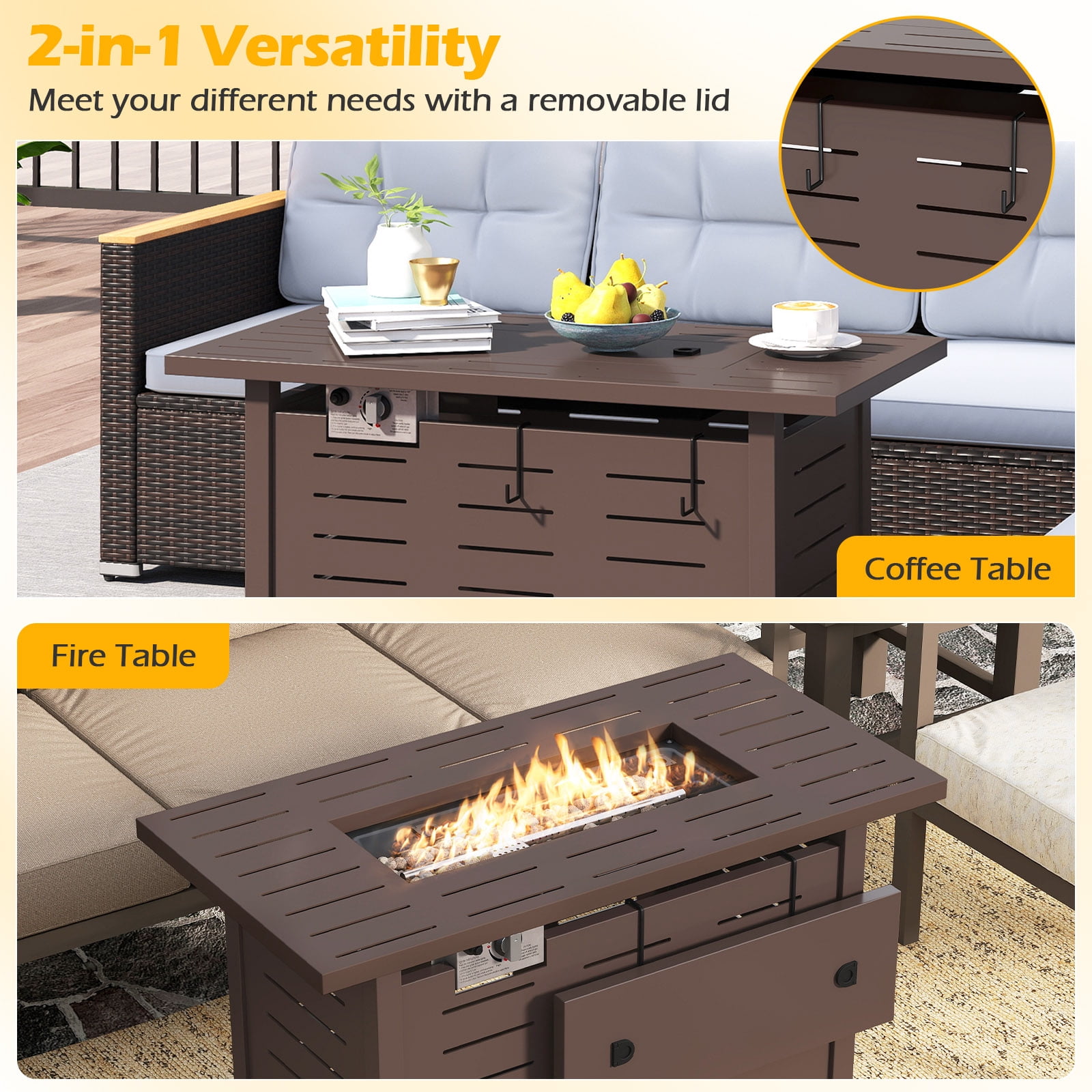 Costway 40-Inch Outdoor Propane Fire Pit with Lava Rocks Removable Lid & Protective Cover Brown