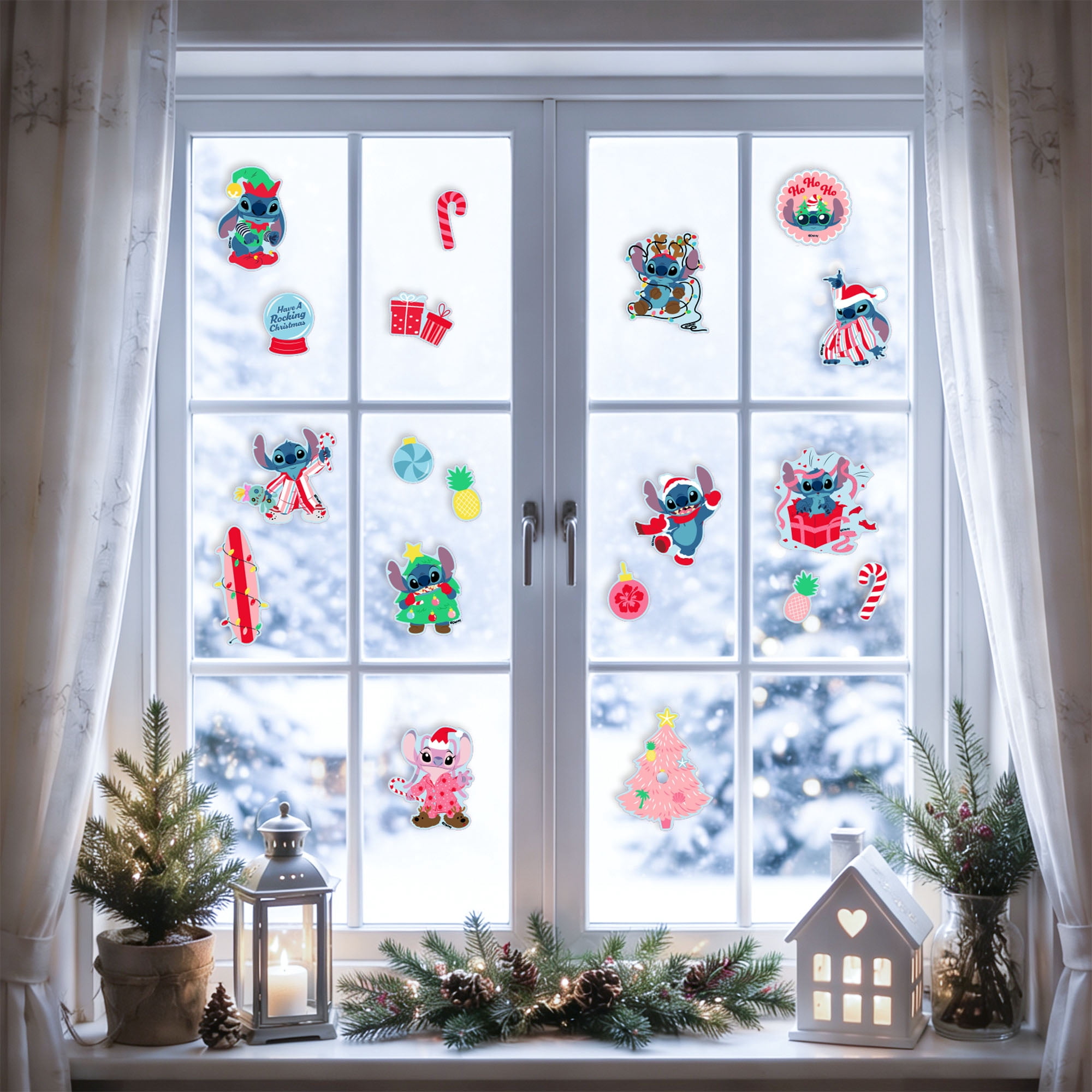 Disney Stitch & Angel Christmas Window Clings, 19‑Piece Holiday Static Window Decorations – Festive Stitch Designs