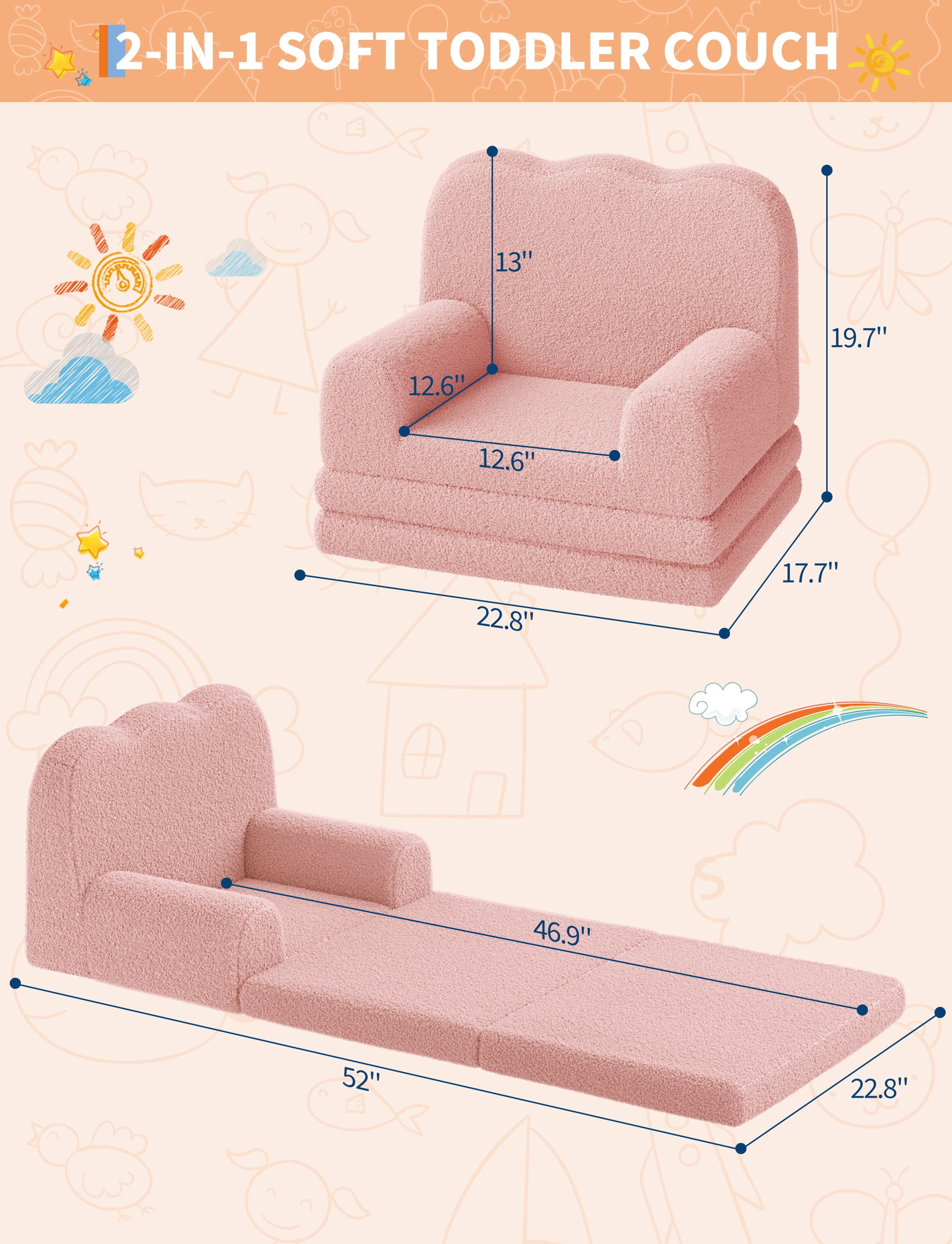 Kids Couch, 2-in-1 Convertible Teddy Fleece Fabric Toddler Sofa Chair, Soft Fold Out Couch Lounger, Comfy Children's Sofa Bed for Nursery Gift