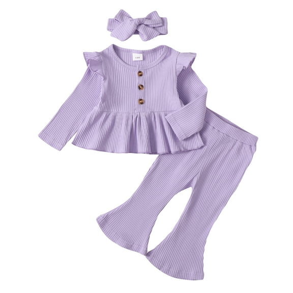 2T Baby Girls Clothes 3T Girls 3PCS Outfits Set Solid Color Toddler Girls Long Sleeve Top Pants Set with Headband Purple