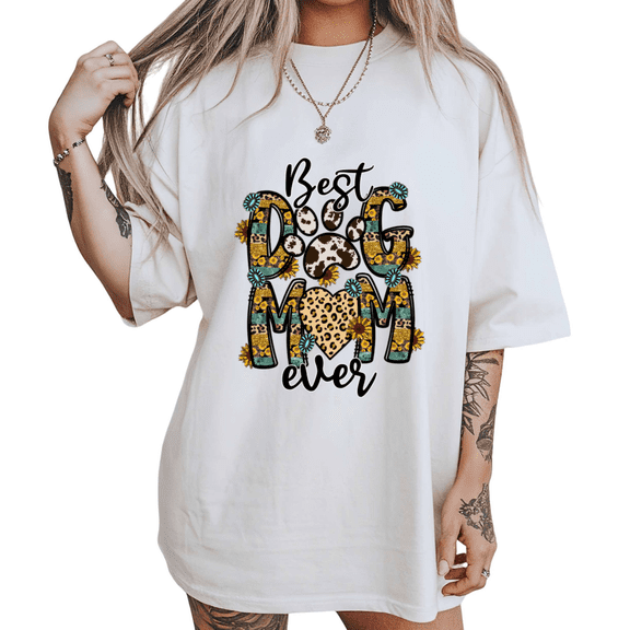 Sunflower Western Best Dog Mom Print Tshirt White S-5XL Boho Cow Print Graphic Tees Pet Lover Shirts Tops