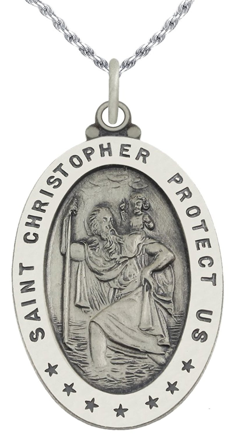 1.0in Round 0.925 Sterling Silver St Saint Christopher Medal Pendant Necklace 