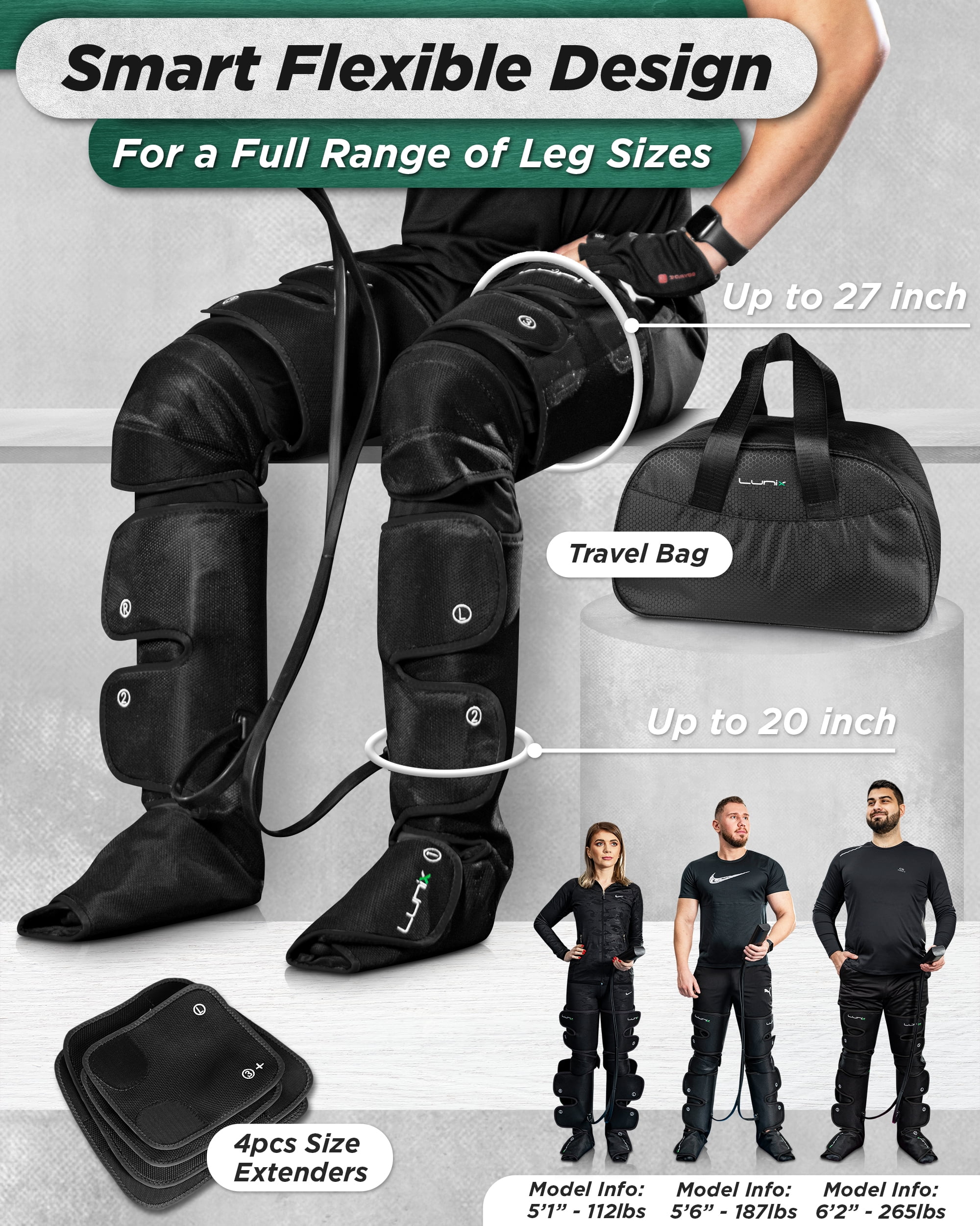Lunix LX10 Full Leg Massager with Heat & Air Compression, Foot, Calf & Thigh Massage Boots, Adjustable Fit with Controller, Charcoal Black