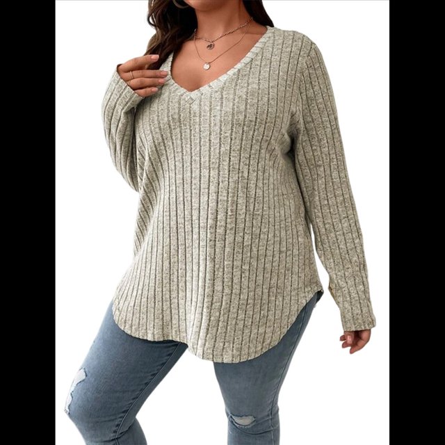 Suéter Informal de Punto con Cuello en V y Larga para Mujer, Talla Grande Albaricoque 4XL