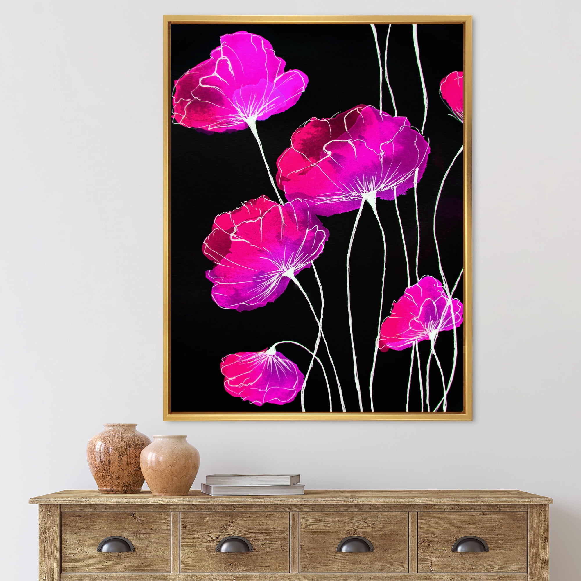 Designart 'Abstract Red Flower Detail On Black Background I' Traditional Framed Canvas Wall Art Print