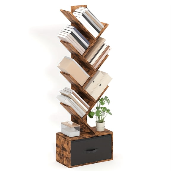Bookshelf with Drawer for Books, 6-Tier Tree Bookcase, Rustic Brown Storage Shelf