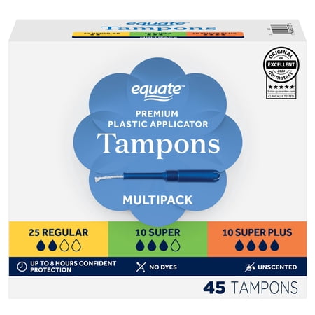 Equate Tampons with Premium Plastic Applicators Multipack, Unscented, Regular/Super/Super Plus, 45 Count