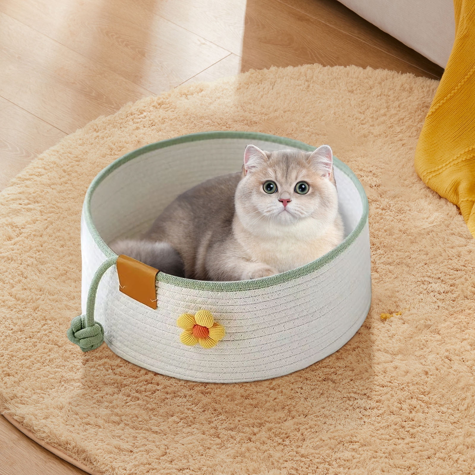 Cute Woven Cat Bed Basket, Soft Cotton Rope Scratching Nest for Indoor Cats, Round Sleeping House 1 Pack, Cozy Pet Lounge for Kittens & Puppies 13.8x5.1 Inch