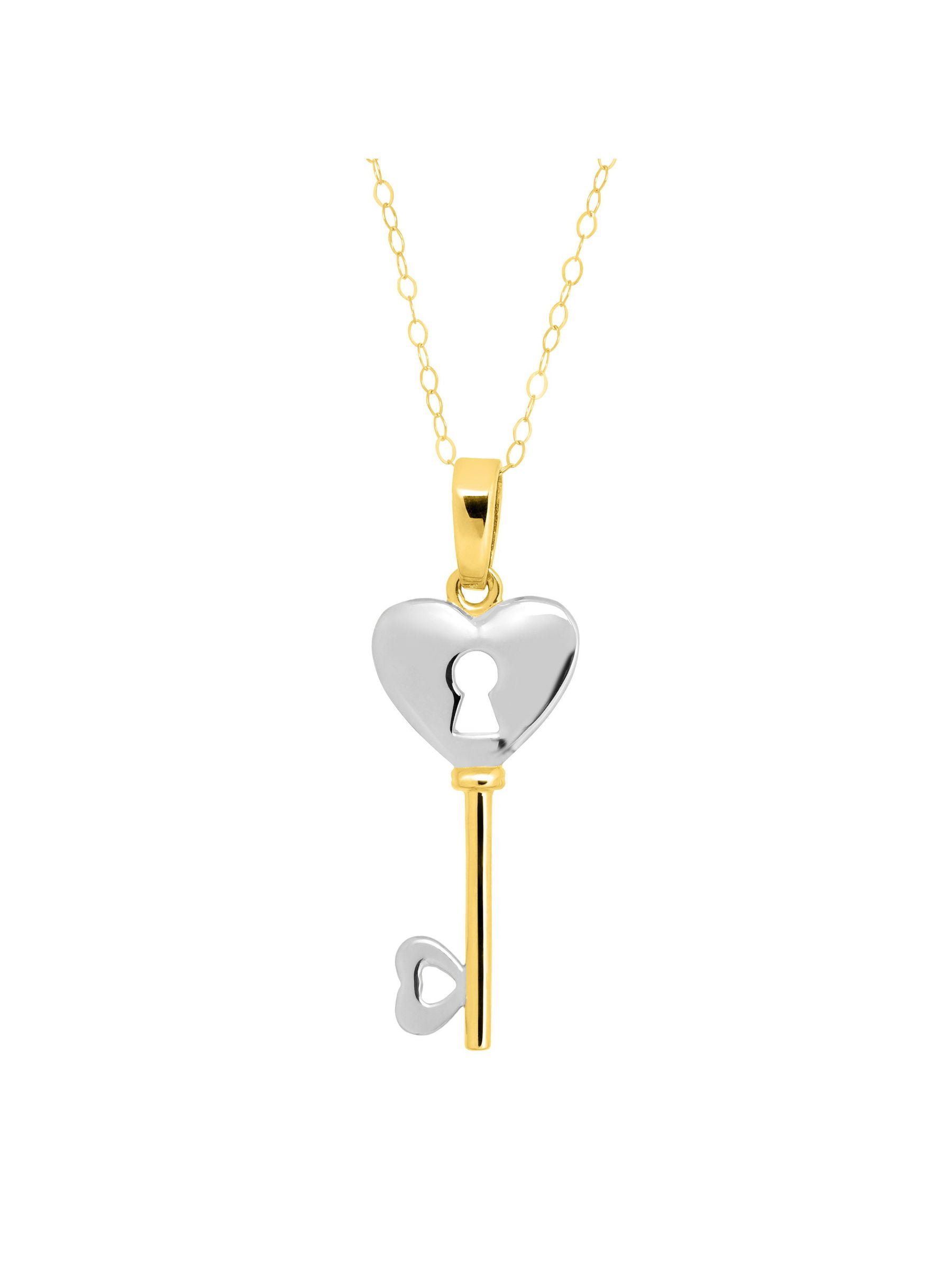 14k Yellow and White Gold Two Tone Heart Key Pendant Necklace 