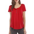 thumbnail image 1 of Mujer Cuello Redondo Top Botón Trim Plisado Busto Manga Corta Tipo Suelto Camiseta Casual Rojo S, 1 of 6