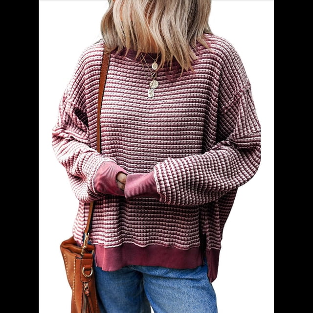 Sudadera Holgada de Otoño para Mujer, Informal, de Punto A Rayas, Larga, Cuello Redondo, Abertura, Tipo Túnica Rojo M