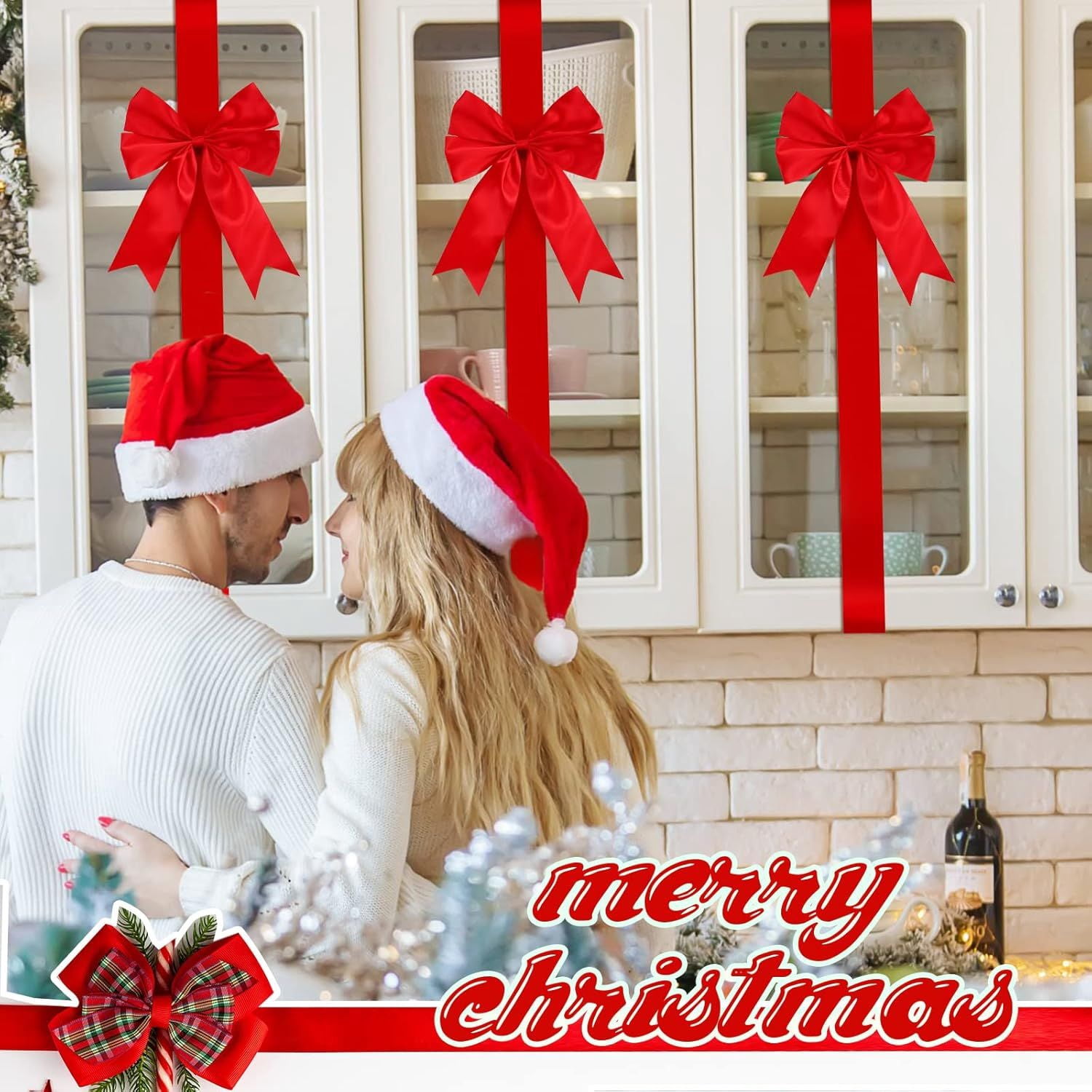 18Pcs Christmas Cabinet Door Ribbons Bows 8 x 40 Inches Large Christmas Wreath Tree Bow for Gift Xmas Cabinets Furniture Kitchen Wrapping Party Decorations (Red)