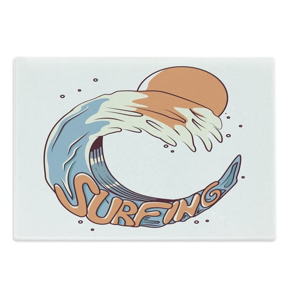 Beach Cutting Board, Surfing Typography with Giant Ocean Waves Summer Swimming, Decorative Tempered Glass Cutting and Serving Board, in 3 Sizes, by Ambesonne