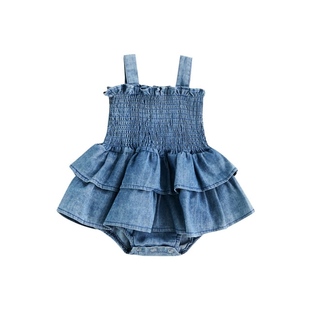 Gupgi Baby Girls Summer Denim Rompers Infant Girls Casual Sleeveless Strap Elastic Layered Romper Jumpsuits Dress