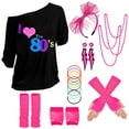 thumbnail image 2 of 80s Costume for Women,80's Off Shoulder T-Shirt Headband Earring Necklace Fishnet Gloves Legwarmers for Women 80s outfit for 80s Party 22PCS, 2 of 7