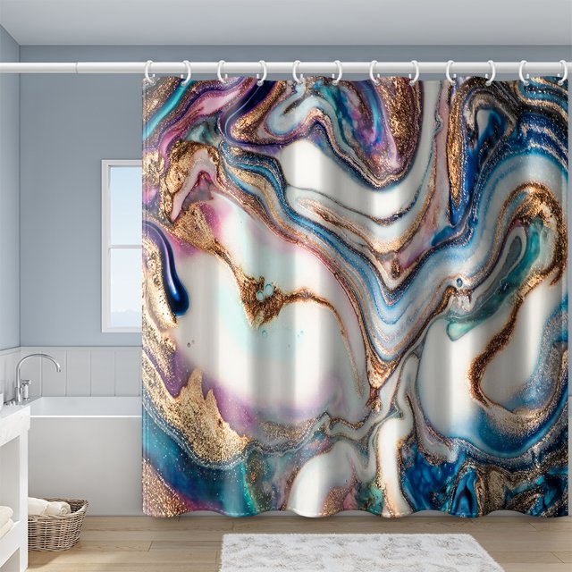 1pc Luxury Gray Golden Marble Shower Curtain Set - Waterproof, Washable, and Standard Size for Bathtub - Includes 12 Plastic Hooks