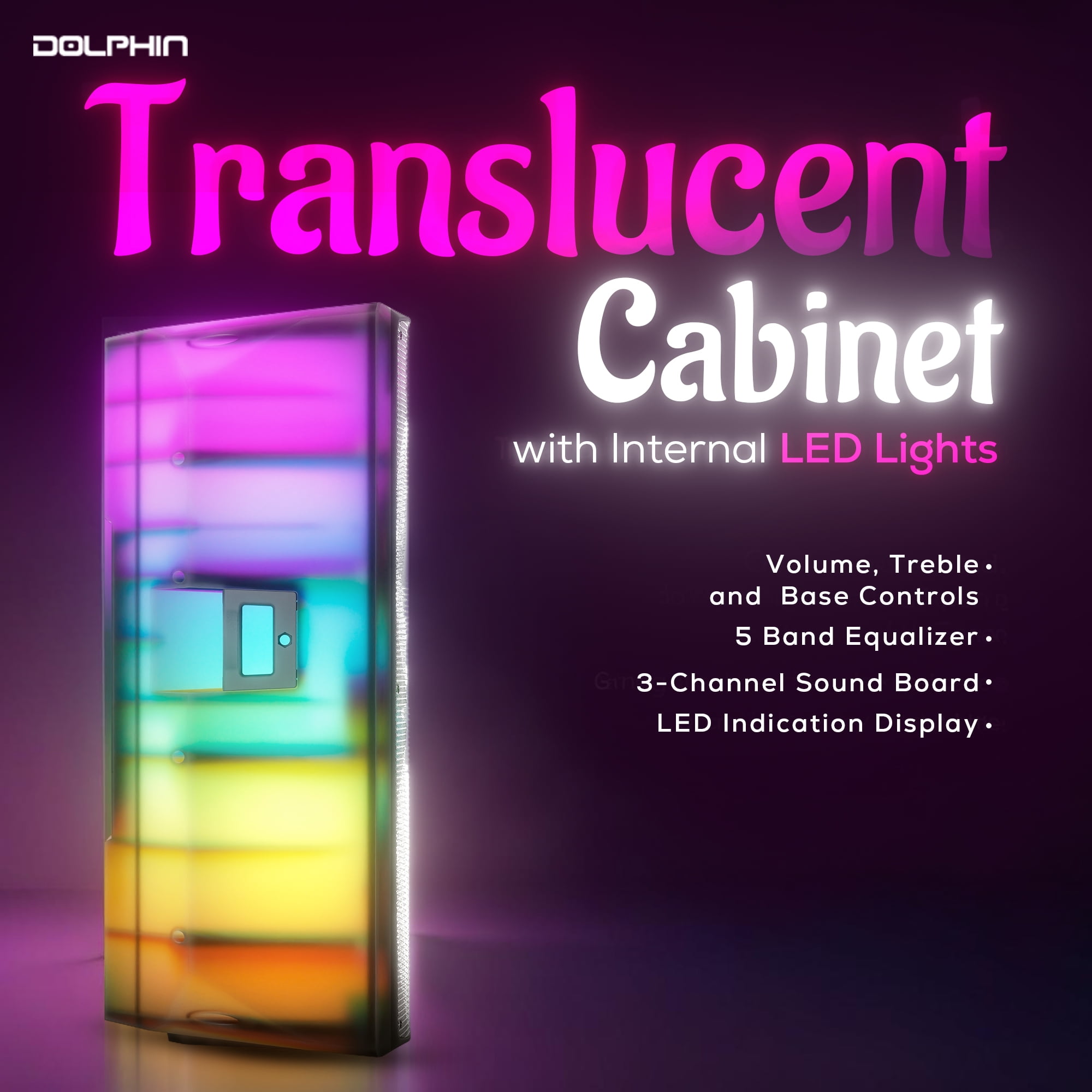 Dolphin SPX-290BT Dual 15" Bluetooth Party Speaker – Translucent Cabinet, 200W RMS, Deep Bass, XLR Inputs, LED Light Show, 5-Star Sound Clarity, DJ & Karaoke Ready