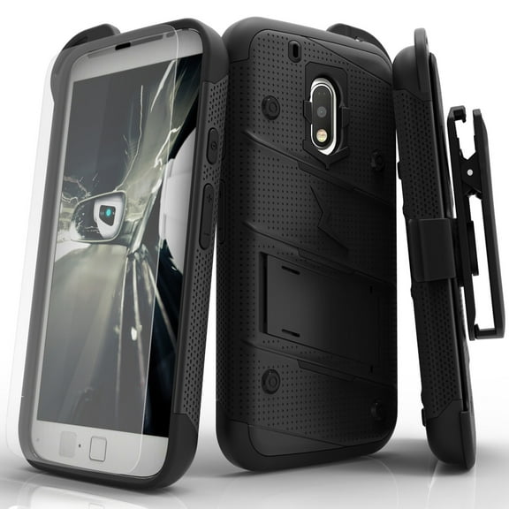 ZIZO BOLT Series Motorola moto g4 Play Case Military Grade Drop Tested with Tempered Glass Screen Protector, Holster BLACK