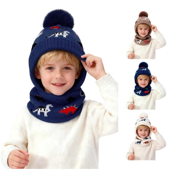 lnmuld Solid 2 Piece Kids Dinosaur Jacquard Pom Pom Beanie Hat Neck Warmer Set Fleece Lined Winter Accessory for Boys Navy,2-6 Years