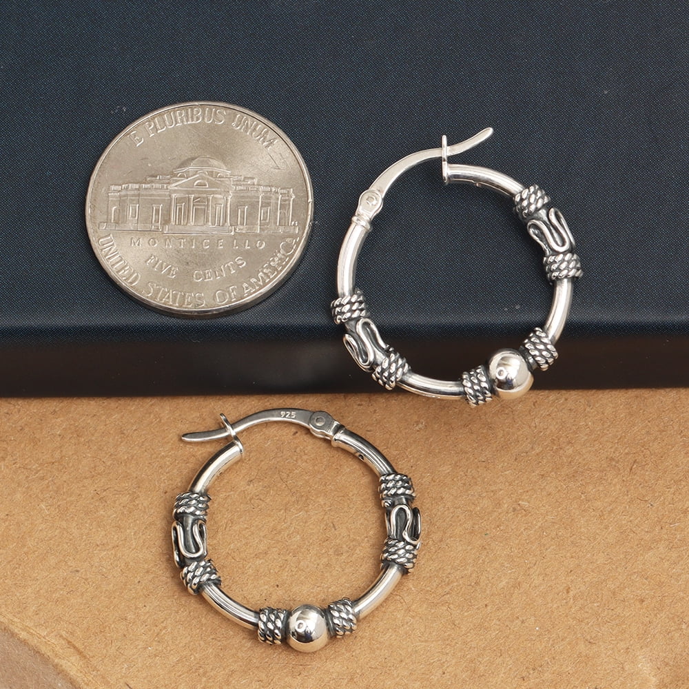 LeCalla 925 Sterling Silver Light-Weight Oxidized Small Balinese Click Top Hoop Earrings Jewelry for Women and Teen 22MM