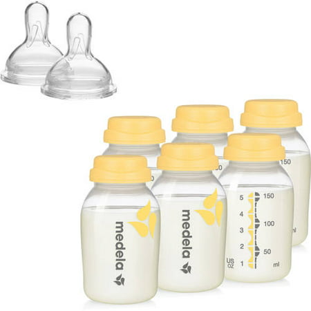 Medela Breast Milk Collection & Storage Bottles, 5oz 6 pack with Bonus Wide Base Nipples,