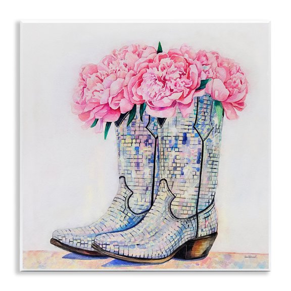 Stupell Industries Floral Shimmering Cowgirl Boot Floral Painting Unframed Art Print Wall Art, 12 x 12