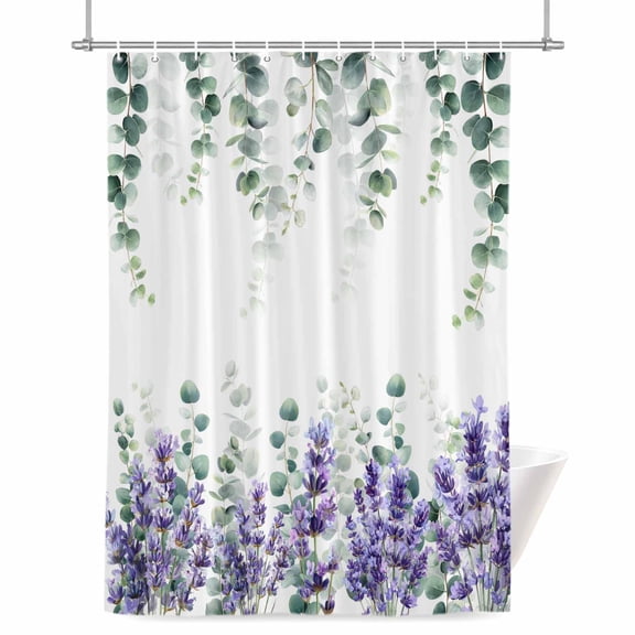 Eucalyptus Leaves Lavender Shower Curtain, Farmhouses Watercolor Plants Waterproof Shower Curtain Set with 12 Hooks Lightweight Bath Curtains Fabric Bathroom Decor 36x72 Inches