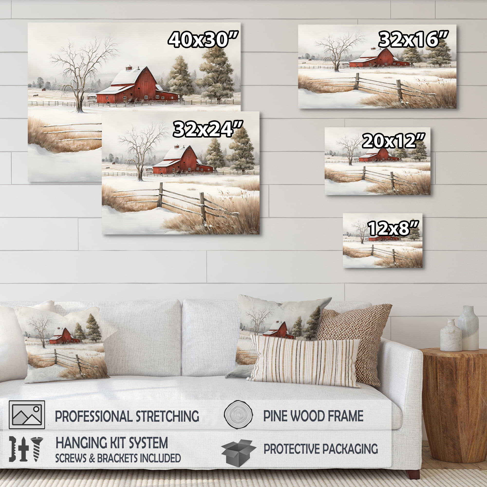 Designart Red Barn Scenery In Winter VI Canvas Wall Art