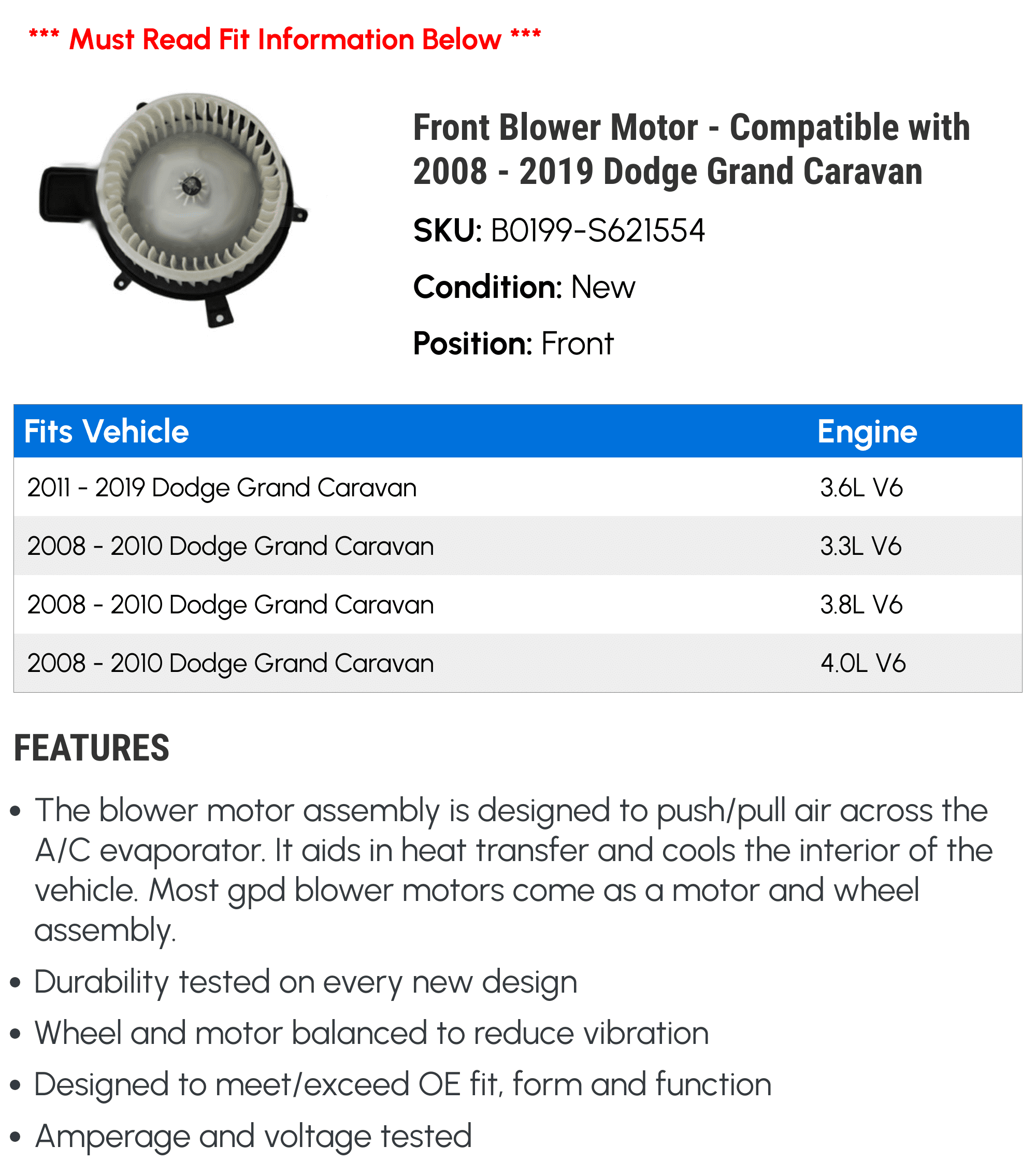 Front Blower Motor - Compatible with 2008 - 2019 Dodge Grand Caravan 2009 2010 2011 2012 2013 2014 2015 2016 2017 2018