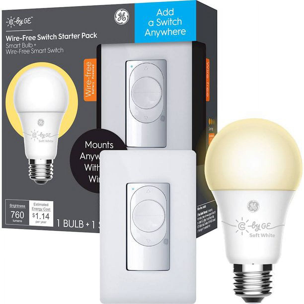 (case of 3 kits) GE Wirefree Switch Starter Pack with Soft White LED A19 Smart Bulb Starter kit, C by GE, wire-free switch and LED Light bulb  (switch requires no electrical wiring)
