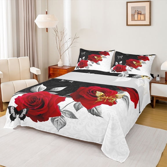 Homewish Boys Girls Chic Floral Red Rose Twin Sheet Sets 3pcs,Happy Valentine'S Day Twin Fitted Sheet Microfiber,Romantic Couple Lover Butterflies Breathable Flat Sheet,Ultra Soft Home Decor