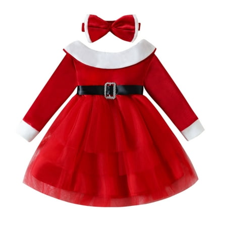 

CLZOUD Girls Dresses Red Cotton Blend Toddler Girls Long Sleeve Ruffles Tulle Princess Dress Clothes 110