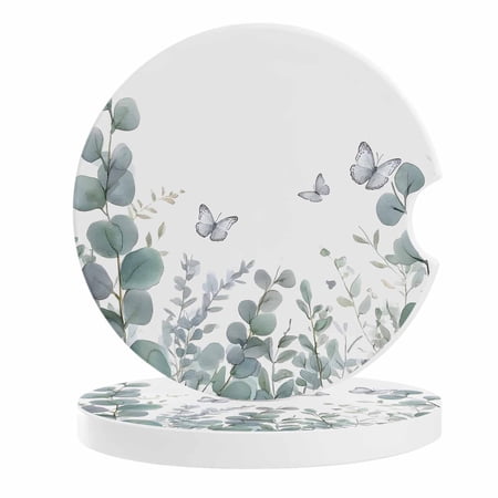 2 Pack Car Coasters Eucalyptus Leaf Butterfly Ceramic Car Cup Holder Coaster Watercolor Plant Absorbent Drink Coasters Protects Interior from Spills, Car Interior Accessories