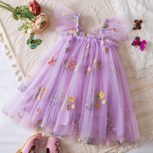 FYDUU Robes d'Été pour Filles Robe en Tulle Sans Manches Brodée de Fleurs avec Ailes Robe de Fête de Vacances Robe de Princesse 2-3 Ans