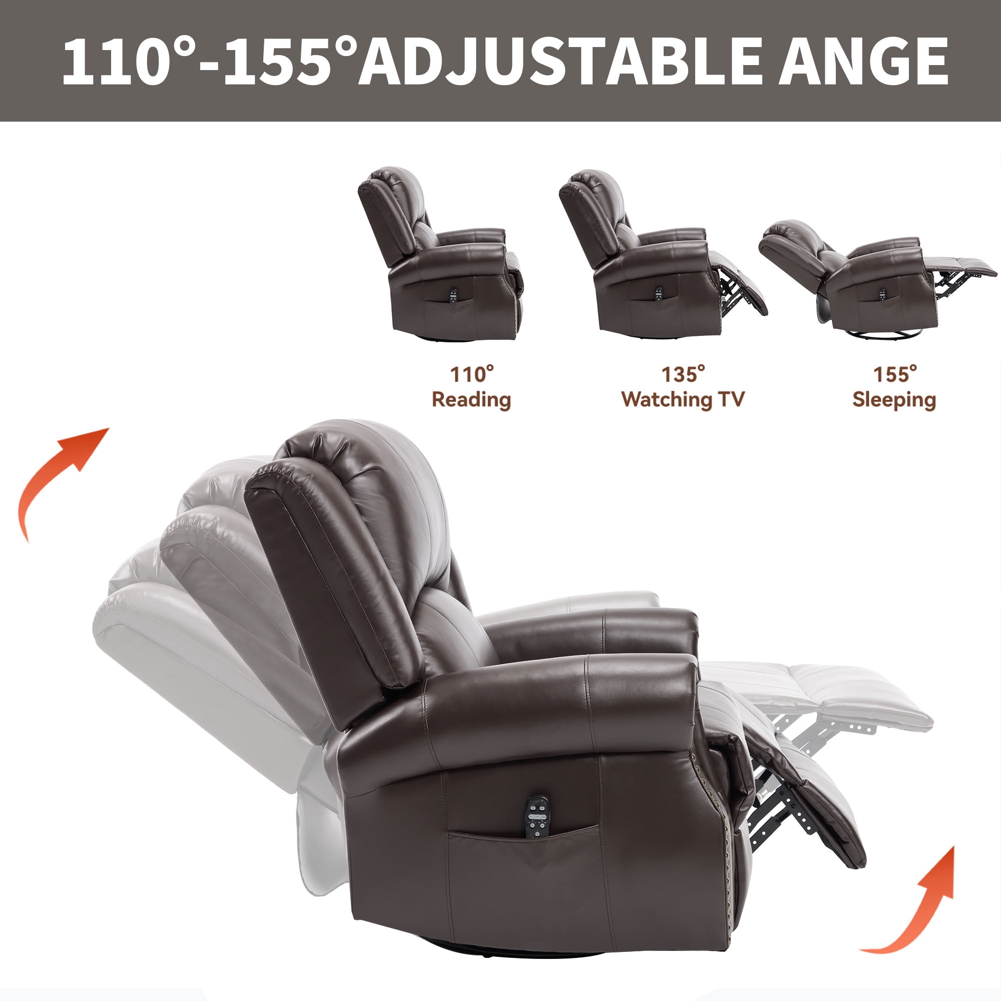MAYEERTY 360 Degree Swivel Rocker Recliner Chair, Leather Manual Recline Glider Armchair with 8-Point Vibration Massage & Lumbar Heat, 350 LBS Capacity for Living Room Home Theater